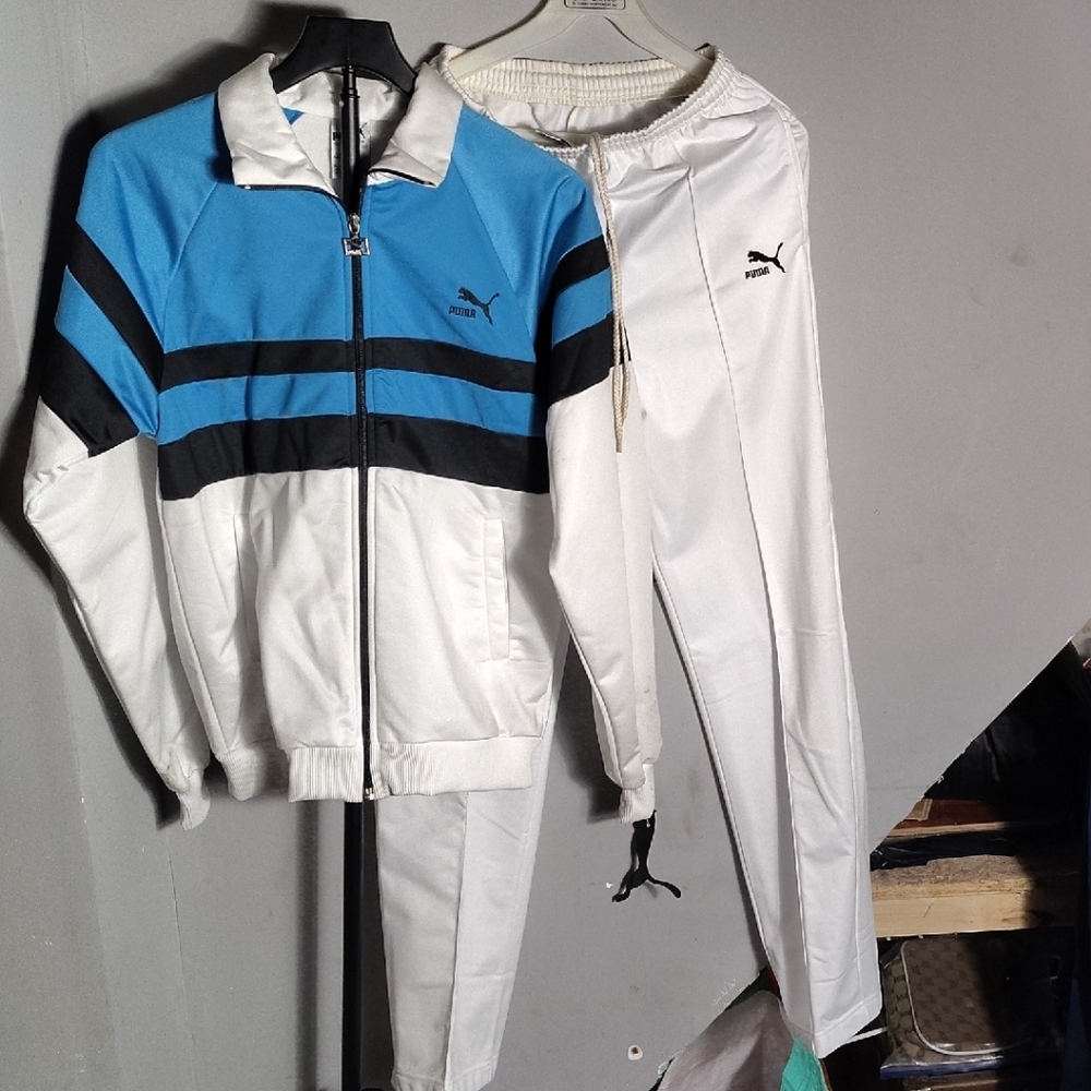 Puma Men's Blue and White Windbreaker Jacket And Pants